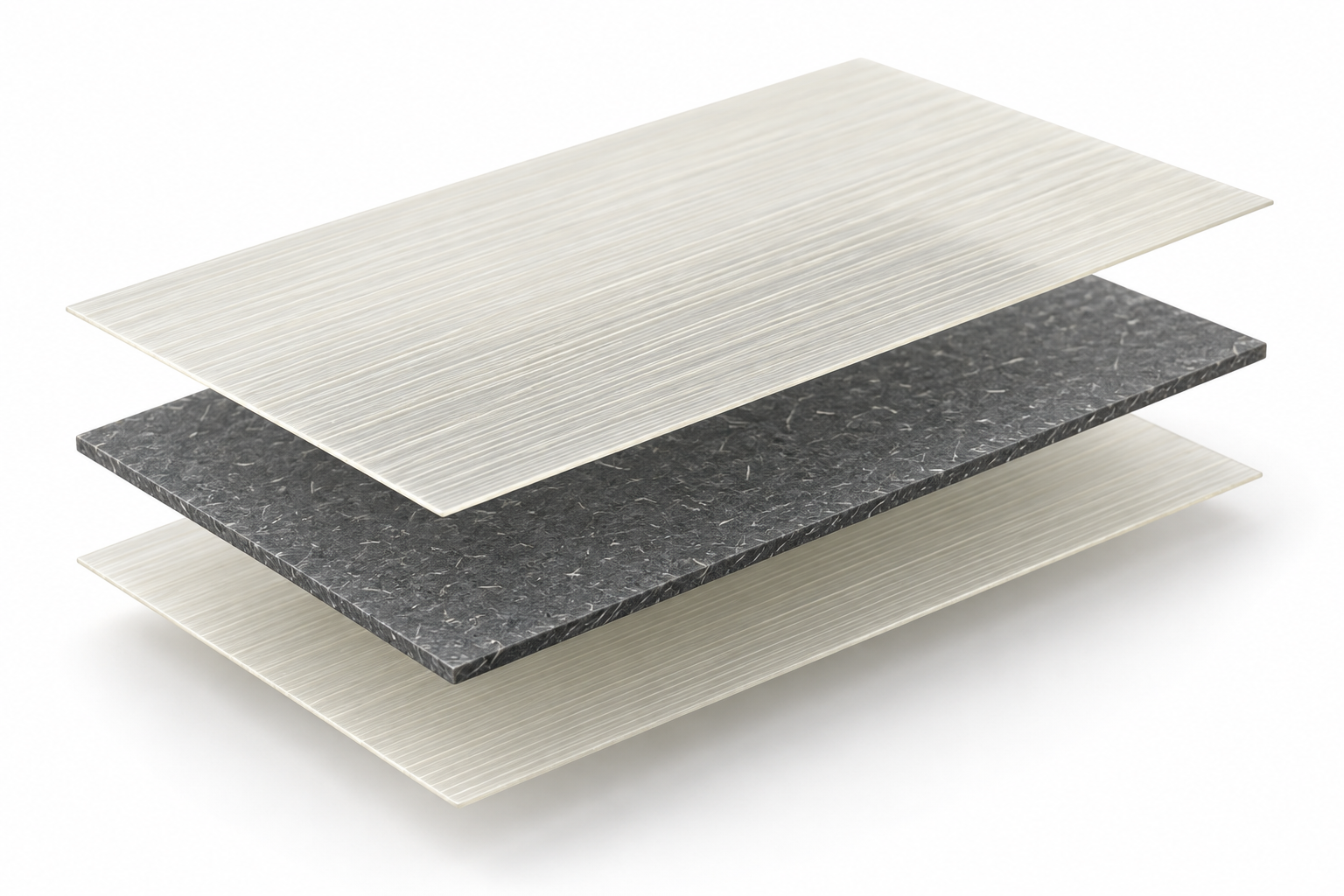 Exploded material visualization: translucent UD Max continuous glass fiber layers above and below a solid grey polypropylene short glass fiber composite sheet