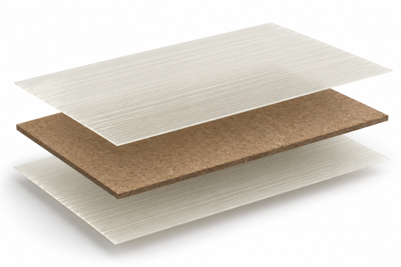 Exploded material visualization: translucent UD Max continuous glass fiber layers above and below a solid brown wood plastic composite sheet